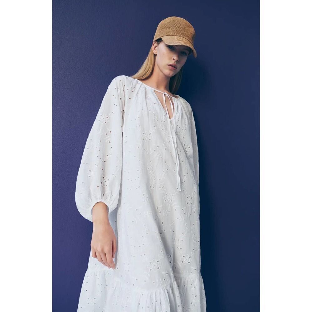 ZARA Openwork Cutwork Embroidered Boho Lightweight Dress New White - Picture 2 of 9